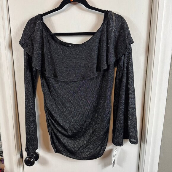 BCX Black Metallic Off-Shoulder Ruffle Long Sleeve Top – Size Medium - Picture 2 of 8